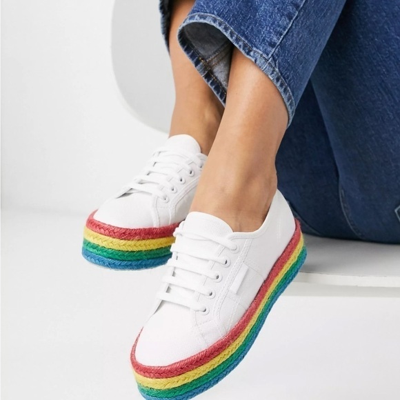 Superga 2790 Rainbow Espadrille Flatform Trainers in White - Picture 1 of 9